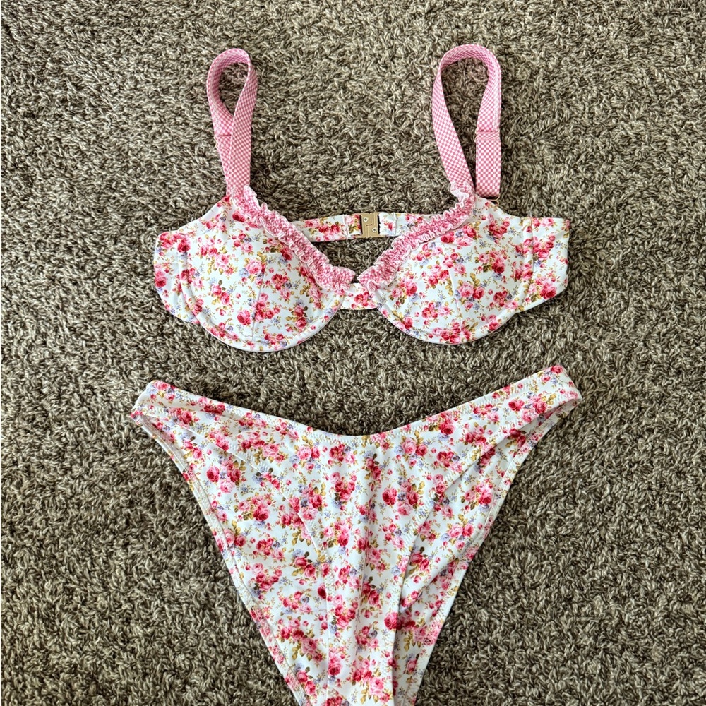 Floral Bikini Set with Pink Straps